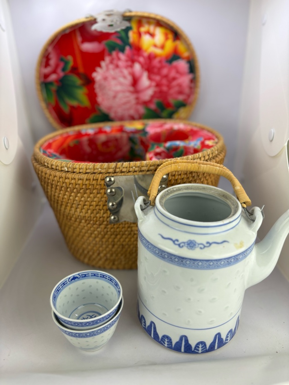 Vintage Asian Tea Set in Handwoven  Warming Basket/silver hardware-no lid